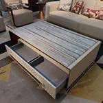 Sculptural Coffee Table with Integrated Marble-Effect Top, Natural Wood Veneer, and White Lacquer Accents